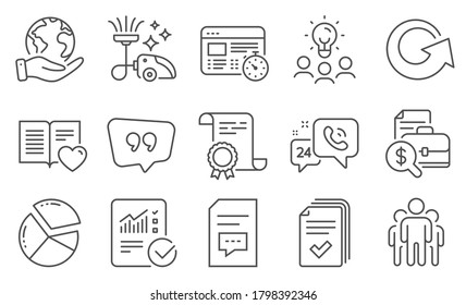 Set of Technology icons, such as Quote bubble, Checked calculation. Diploma, ideas, save planet. Love book, Comments, Reload. Pie chart, Group, 24h service. Vector
