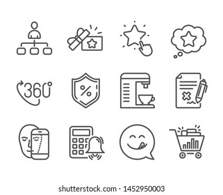 Set of Technology icons, such as Ranking star, Coffee machine, Face biometrics, Seo shopping, Management, Loyalty star, Loan percent, Loyalty gift, Yummy smile, 360 degree, Reject file. Vector