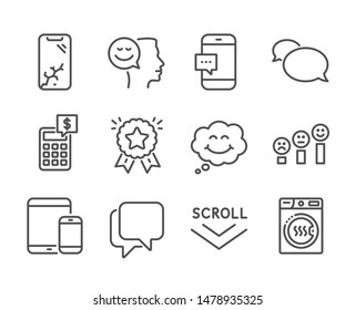 Set of Technology icons, such as Ranking star, Good mood, Scroll down, Mobile devices, Talk bubble, Customer satisfaction, Smartphone broken, Smartphone message, Smile, Calculator. Vector