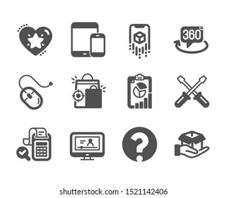 Set of Technology icons, such as Ranking star, Report, Hold box, Bill accounting, Online video, Question mark, Seo shopping, 360 degree, Computer mouse, Mobile devices, Augmented reality. Vector