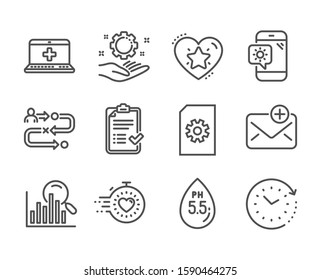 Set of Technology icons, such as Ranking star, File management, New mail, Time change, Ph neutral, Search, Timer, Employee hand, Approved checklist, Medical help, Weather phone line icons. Vector