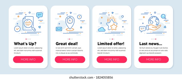 Set von Technologie-Symbolen, wie Ranking-Sterne, Timer, Analytics-Diagramm-Symbole. Mobil-App-Mockup-Banner. Speichern Sie die Symbole der Planetenlinie. Gewinnerpreis, Zeiger Standort, Analyse des Berichts. Outsourcing. Vektorgrafik