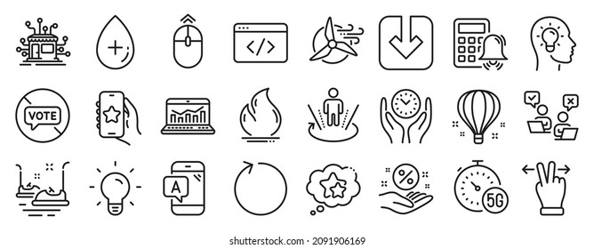 Set von Technologie-Symbolen, wie Ranking-Sterne, Swipe-up, Öl-Serumsymbole. Calculator-Alarm, Ideenkopf, Favoritenapplikationen. Verteilung, Webanalyse, Ab-Test. Glühbirne, Loop. Vektorgrafik