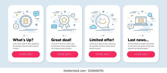 Set of Technology icons, such as Ranking star, Calculator target, Smile face symbols. Mobile screen mockup banners. E-mail line icons. Winner medal, Audit, Chat. New message. Vector