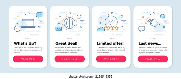 Set of Technology icons, such as Rating stars, Globe, Laptop symbols. Mobile screen banners. Drag drop line icons. Verified rank, Internet world, Mobile computer. Move. Rating stars icons. Vector