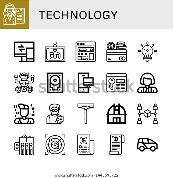 Set of technology icons such as Receptionist,\
Responsive, Wedding photo, Search engine, Credit card, Idea, Robot,\
Hard drive, Computer, Password, Scientist, Programmer ,\
technology