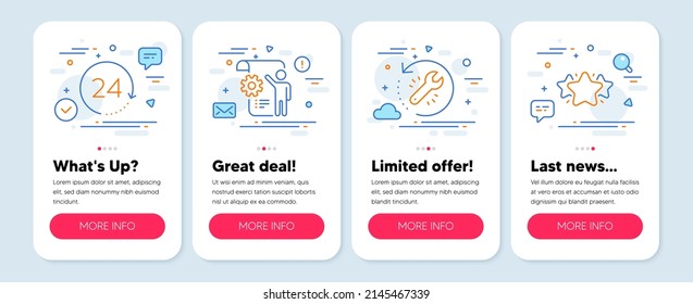 Set of Technology icons, such as Recovery tool, Settings blueprint, 24 hours symbols. Mobile screen app banners. Star line icons. Backup info, Engineering cogwheel, Time. Favorite. Vector