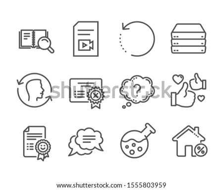 Set of Technology icons, such as Recovery data, Loan house, Smile, Reject certificate, Text message, Like, Question mark, Chemistry lab, Search book, Video file, Face id, Servers. Vector