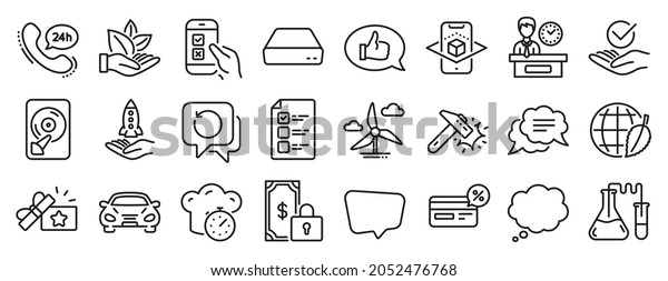 Set of Technology icons, such as Recovery data,\
Cooking timer, Comic message icons. Augmented reality, Hammer blow,\
Voting ballot signs. Loyalty gift, Crowdfunding, Mobile survey.\
Car, Hdd. Vector