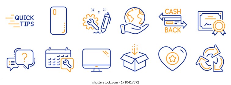 Set of Technology icons, such as Recycle, Spanner. Certificate, save planet. Smartphone cover, Get box, Heart. Education, Computer, Engineering. Cashback card, Question mark line icons. Vector