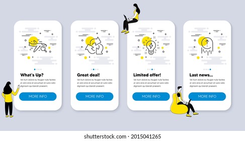 Set of Technology icons, such as Recycle, Inspiration, Search flight icons. UI phone app screens with people. Swipe up line symbols. Recycling waste, Creativity, Find travel. Scrolling page. Vector