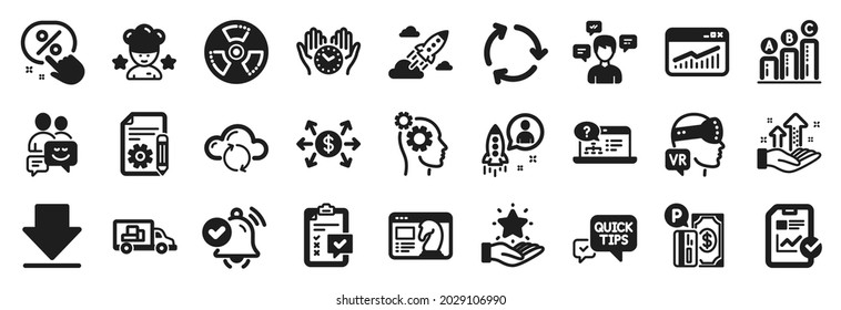 Set of Technology icons, such as Recycling, Loyalty program, Graph chart icons. Conversation messages, Truck transport, Discount button signs. Online help, Parking payment, Safe time. Vector