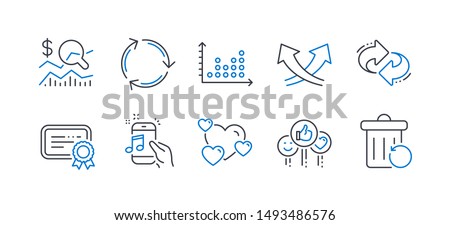Set of Technology icons, such as Recycling, Dot plot, Music phone, Heart, Refresh, Intersection arrows, Like, Check investment, Certificate, Recovery trash line icons. Line recycling icon. Vector