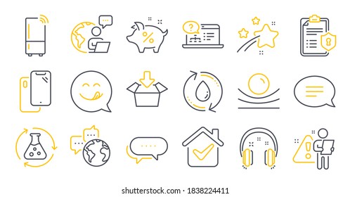 Juego de iconos de la tecnología, como Refill Water, Experimento de Química, Símbolos de material elástico. Chat, Smartphone, señales de comunicación mundial. Porcentaje de préstamos, ayuda en línea, audífonos. Cómprate. Vector