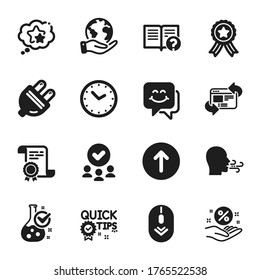 Set of Technology icons, such as Refresh website, Scroll down. Certificate, approved group, save planet. Time, Breathing exercise, Ranking stars. Smile face, Electric plug, Help. Vector