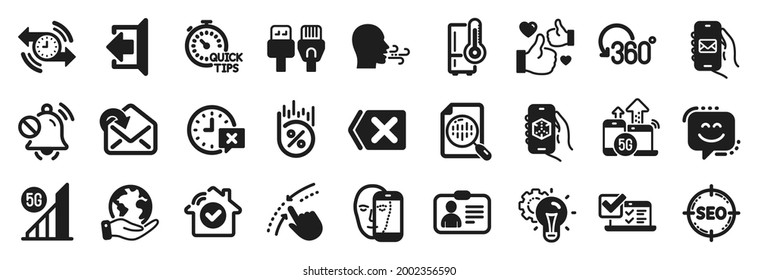 Juego de iconos de tecnología, como Refrigerador, cara de sonrisa, iconos de encuesta en línea. Salvar el planeta, cerrar sesión, señales de tiempo. Seo, Biometría facial, Consejos rápidos. Suba, engranaje Idea, rotación completa. Vector
