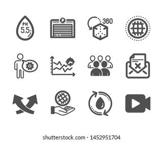 Set of Technology icons, such as Reject letter, Cogwheel, Safe planet, Ph neutral, Intersection arrows, Parking garage, Video camera, Seo analysis, Globe, Augmented reality, Refill water. Vector