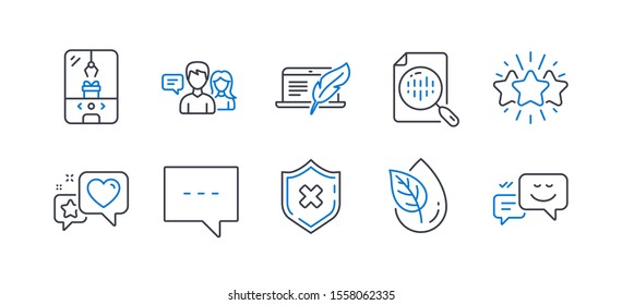 Set of Technology icons, such as Reject protection, Star, Organic product, Blog, Copyright laptop, Analytics chart, Heart, People talking, Crane claw machine, Happy emotion line icons. Vector