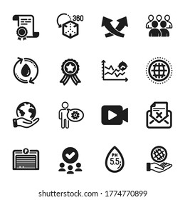 Set of Technology icons, such as Reject letter, Cogwheel. Certificate, approved group, save planet. Safe planet, Ph neutral, Intersection arrows. Parking garage, Video camera, Seo analysis. Vector