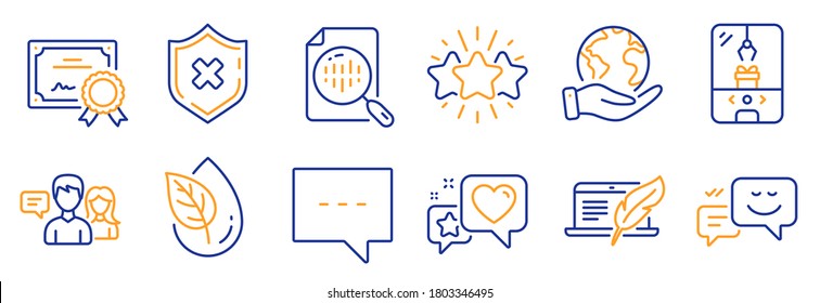 Juego de iconos de tecnología, como Reject Protection, Star. Certificado, salva el planeta. Producto orgánico, Blog, Copyright laptop. Analítica, Corazón, Gente hablando. Vector