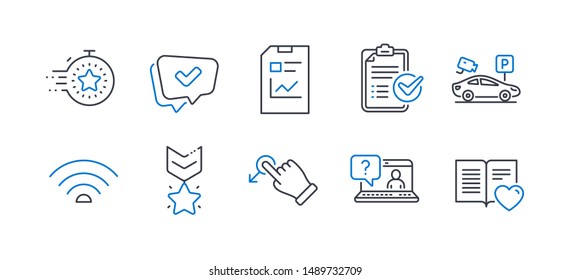 Set of Technology icons, such as Report document, Winner medal, Faq, Timer, Wifi, Parking security, Approved, Survey checklist, Drag drop, Love book line icons. Statistics file, Ranking star. Vector