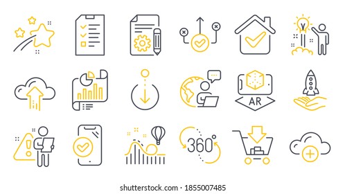 Conjunto de iconos de tecnología, como el documento Informe, Correcto, símbolos de 360 grados. Entrevista, computación en la nube, señales de crowdfunding. Teléfono aprobado, Documentación, montaña rusa. Compras. Vector