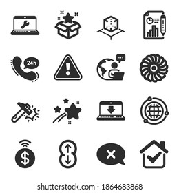 Set of Technology icons, such as Report document, Fan engine, Reject symbols. Scroll down, Hammer blow, Loyalty program signs. Contactless payment, Internet downloading, Globe. 24h service. Vector