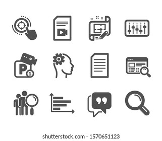 Set of Technology icons, such as Research, Search people, Dj controller, Engineering, Quote bubble, Horizontal chart, Parking security, Video file, Seo target, Document, Architect plan. Vector