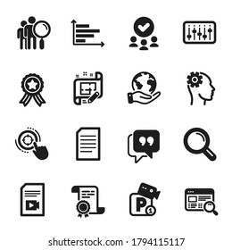 Set of Technology icons, such as Research, Search people. Certificate, approved group, save planet. Dj controller, Engineering, Quote bubble. Horizontal chart, Parking security, Video file. Vector