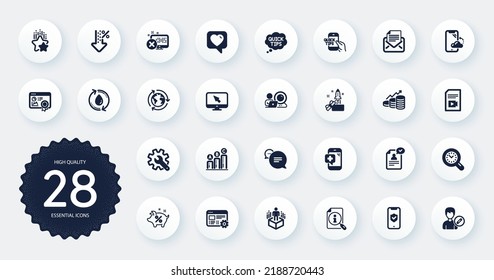 Set von Technologie-Symbolen, z. B. Resume-Dokument, Innovation und Internet-Flachsymbole. Seo-Zertifikat, Zeitmanagement, Mail-Korrespondenz Web-Elemente. Video-Datei, Grafik-Diagramm. Vektorgrafik