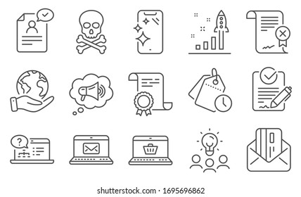 Set of Technology icons, such as Rfp, Smartphone clean. Diploma, ideas, save planet. Online shopping, Reject certificate, Megaphone. E-mail, Credit card, Development plan. Vector