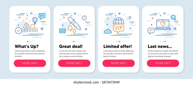 Juego de iconos de la tecnología, como la montaña rusa, la pipeta química, los símbolos de internet Vip. Banners de simulación de pantalla móvil. Iconos de la línea de amor web. Parque de atracciones, Laboratorio, Privilegio Exclusivo. Vector