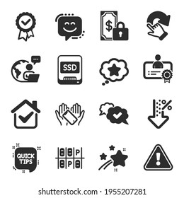 Set von Technologie-Symbolen, wie Rotation Geste, Ssd, Quick Tipps Symbole. Treuestern, Zertifikat, Zugelassene Zeichen. Niedrig Prozent, Privatbezahlung, Stempel getestet. Parkplatz, Lächeln Gesicht. Vektorgrafik