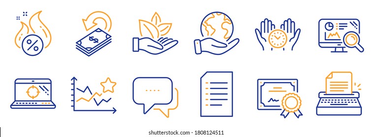 Set of Technology icons, such as Safe time, Seo laptop. Certificate, save planet. Message, Ranking stars, Typewriter. Cashback, Organic product, Document. Hot loan, Seo analytics line icons. Vector