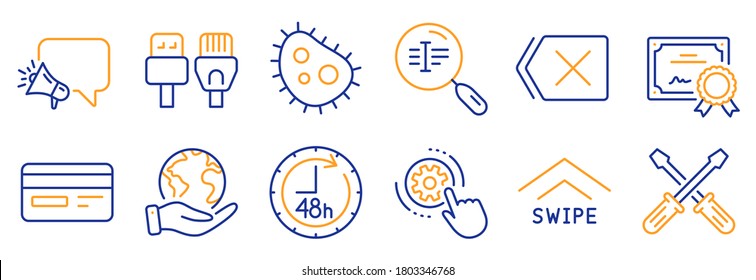 Set of Technology icons, such as Screwdriverl, Swipe up. Certificate, save planet. Megaphone, 48 hours, Bacteria. Cogwheel settings, Computer cables, Remove. Vector