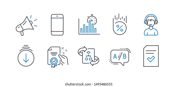 Set of Technology icons, such as Scroll down, Smartphone, Certificate, Ab testing, Megaphone, Report timer, Loan percent, Technical algorithm, Consultant, Checked file line icons. Vector