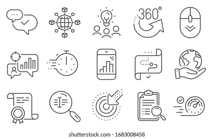Set of Technology icons, such as Scroll down, Target path. Diploma, ideas, save planet. Cooking timer, 360 degrees, Logistics network. Graph phone, Seo statistics, Search analysis. Vector