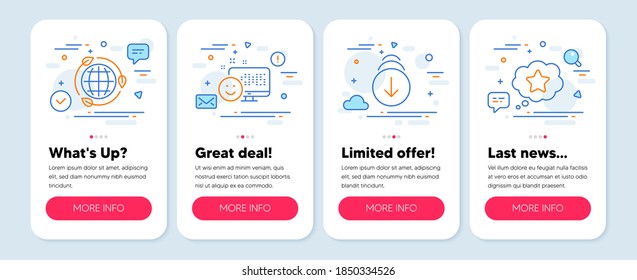 Juego de iconos de tecnología, como Desplazar hacia abajo, Energía ecológica, Smile (símbolos de sonrisa). Banners de simulación de aplicaciones móviles. Iconos de línea de estrellas de fidelidad. Pantalla rápida, ecología, retroalimentación positiva. Recompensa de bonos. Vector