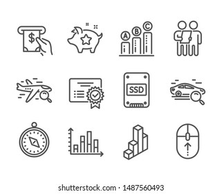 Set of Technology icons, such as Search car, Graph chart, Ssd, Certificate, Diagram graph, Survey, Atm service, Loyalty points, Swipe up, 3d chart, Travel compass, Search flight. Vector