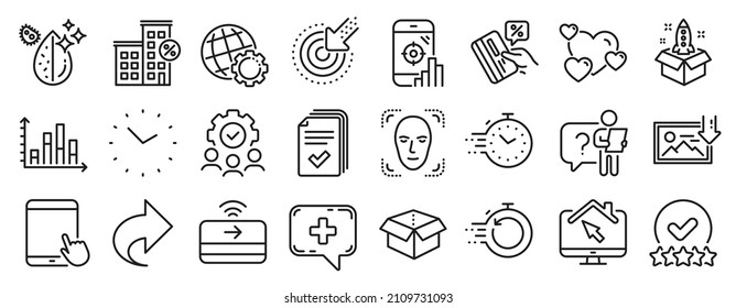 Set von Technologie-Symbolen, wie Search Staff, Timer, Globe-Symbole. Targeting, Open Box, Seo-Telefonzeichen. Foto herunterladen, Herz, Sterne bewerten. Darlehenshaus, Aktie, Medical Chat. Tablette Pc. Vektorgrafik