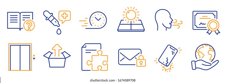 Set of Technology icons, such as Secure mail, Strategy. Certificate, save planet. Fast delivery, Help, Chemistry pipette. Send box, Smartphone broken, Sun energy. Vector