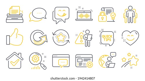 Set of Technology icons, such as Security contract, Search statistics, Typewriter symbols. Yummy smile, Favorite, Dots message signs. Loyalty points, Smile chat, Quick tips. Reload, Group. Vector