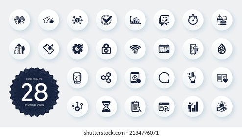 Set of Technology icons, such as Security lock, Water cooler and Stars flat icons. Time, Calendar graph, Search analysis web elements. Artificial colors, Correct way, Timer signs. Vector