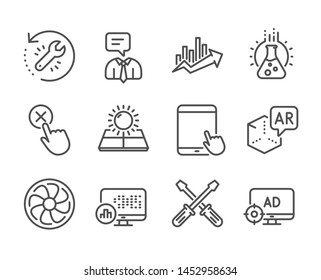Set of Technology icons, such as Seo, Sun energy, Growth chart, Recovery tool, Screwdriver, Reject click, Augmented reality, Tablet pc, Support service, Report statistics. Vector