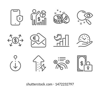 Set of Technology icons, such as Seo statistics, Growth chart, Euro money, Scroll down, Dollar exchange, Private payment, Search, Safe time, Smartphone protection, Bitcoin, No internet. Vector