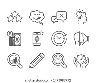 Set of Technology icons, such as Seo analysis, Time management, Face id, Mail, Ranking stars, Yummy smile, Pencil, Reject, Idea, Parking payment, Timer, Time change line icons. Vector