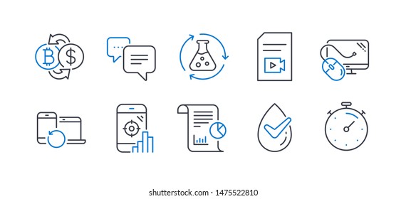 Set of Technology icons, such as Seo phone, Dots message, Bitcoin exchange, Report, Computer mouse, Chemistry experiment, Dermatologically tested, Video file, Recovery devices, Timer. Vector