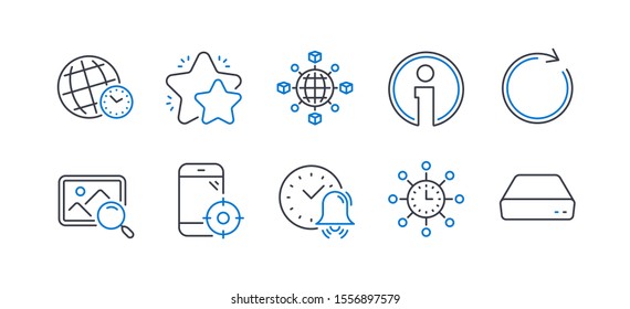 Set of Technology icons, such as Seo phone, Time zone, Star, Search photo, Logistics network, Info, Synchronize, Alarm bell, World time, Mini pc line icons. Line seo phone icon. Vector