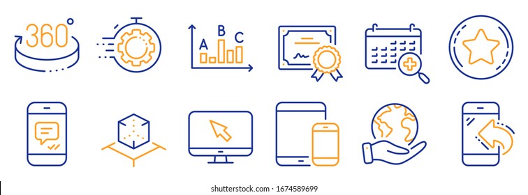 Set of Technology icons, such as Seo timer, Internet. Certificate, save planet. Loyalty star, Augmented reality, 360 degrees. Survey results, Mobile devices, Incoming call. Vector