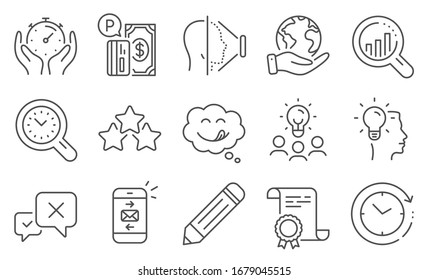 Conjunto de iconos de Tecnología, como Análisis de Seo, Administración de tiempo. Diploma, ideas, salva el planeta. Face id, Mail, Ranking stars. Sonrisa alegre, Lápiz, Rechazar. Idea, pago de estacionamiento, Timer. Vector